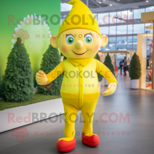 Lemon Yellow Elf mascot costume character dressed with a Joggers and Mittens