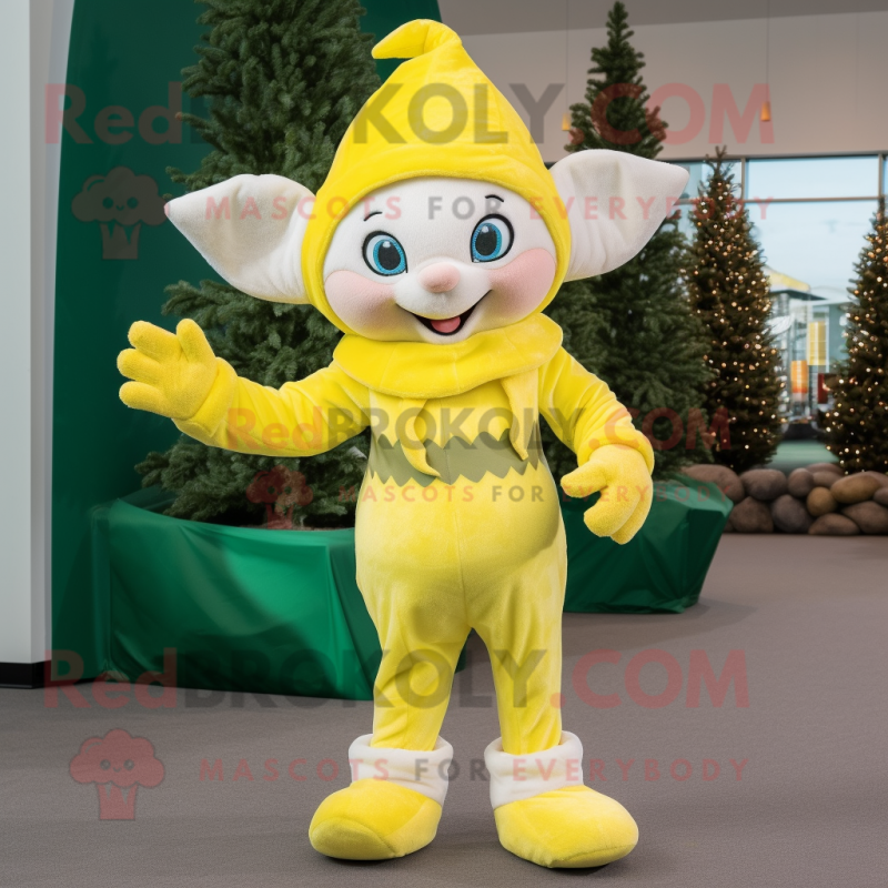 Lemon Yellow Elf mascot costume character dressed with a Joggers and Mittens