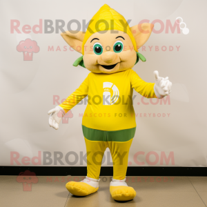 Lemon Yellow Elf mascot costume character dressed with a Joggers and Mittens