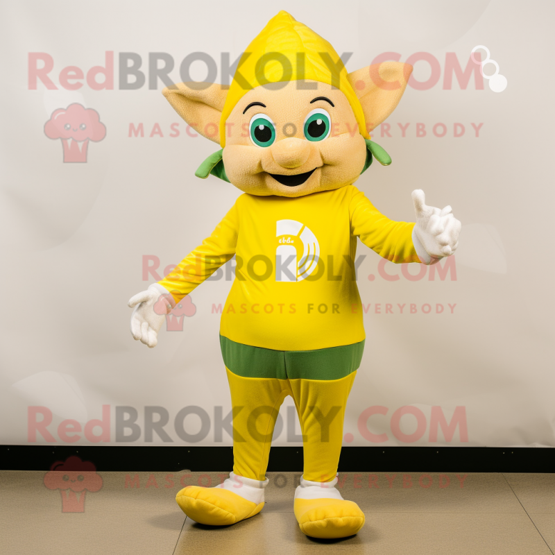 Lemon Yellow Elf mascot costume character dressed with a Joggers and Mittens Lemon Yellow Elf mascot costume character dressed with a Joggers and Mittens