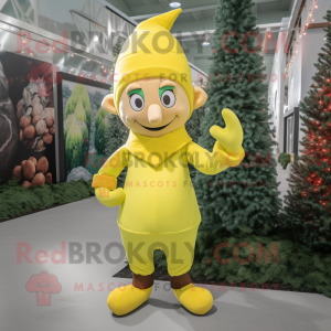 Lemon Yellow Elf mascot costume character dressed with a Joggers and Mittens