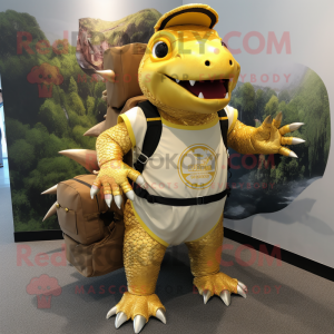 Gold Ankylosaurus mascot costume character dressed with a Cargo Shorts and Backpacks