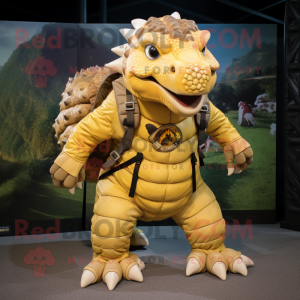 Gold Ankylosaurus mascot costume character dressed with a Cargo Shorts and Backpacks