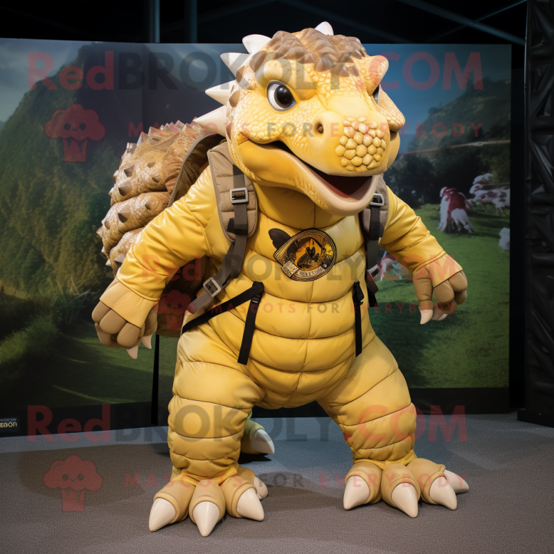 Gold Ankylosaurus mascot costume character dressed with a Cargo Shorts and Backpacks