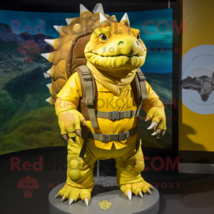 Gold Ankylosaurus mascot costume character dressed with a Cargo Shorts and Backpacks