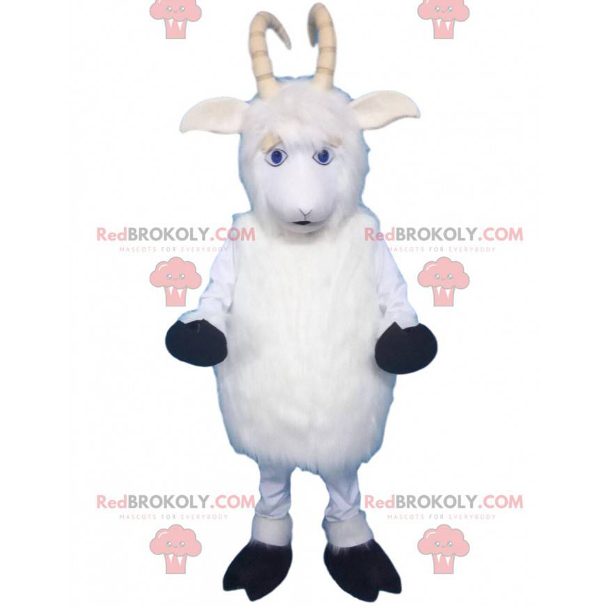 Mascote ovelha, cabra, carneiro branco com chifres -