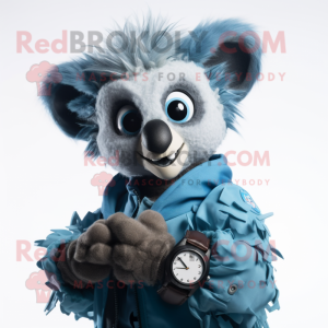 Sky Blue Aye-Aye mascot costume character dressed with a Parka and Smartwatches