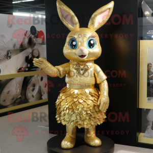 Gold Rabbit mascot costume character dressed with a Mini Dress and Hair clips