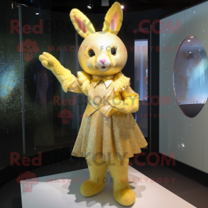 Gold Rabbit mascot costume character dressed with a Mini Dress and Hair clips