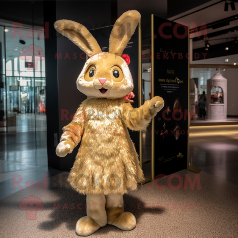Gold Rabbit mascot costume character dressed with a Mini Dress and Hair clips