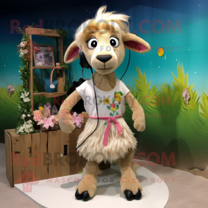 Tan Goat mascot costume character dressed with a Bikini and Hair clips