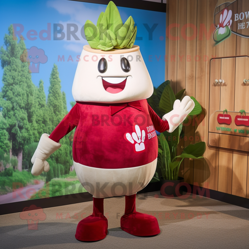 Maroon Radish mascot costume character dressed with a Henley Tee and Headbands Maroon Radish mascot costume character dressed with a Henley Tee and Headbands