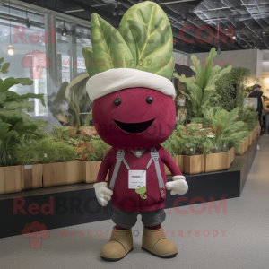 Maroon Radish mascot costume character dressed with a Henley Tee and Headbands