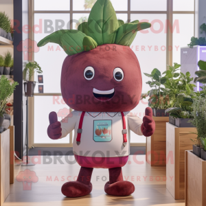 Maroon Radish mascot costume character dressed with a Henley Tee and Headbands