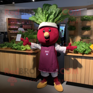 Maroon Radish mascot costume character dressed with a Henley Tee and Headbands