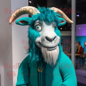 Turquoise Goat mascot costume character dressed with a Turtleneck and Hair clips