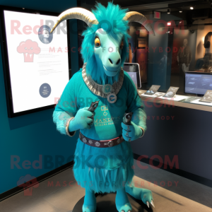 Turquoise Goat mascot costume character dressed with a Turtleneck and Hair clips