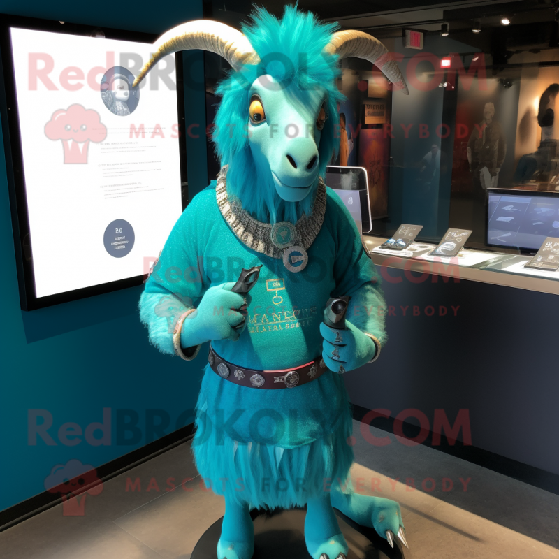 Turquoise Goat mascot costume character dressed with a Turtleneck and Hair clips Turquoise Goat mascot costume character dressed with a Turtleneck and Hair clips