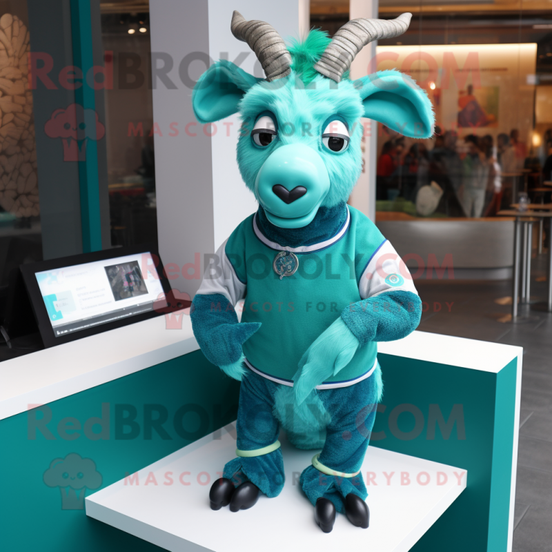 Turquoise Goat mascot costume character dressed with a Turtleneck and Hair clips