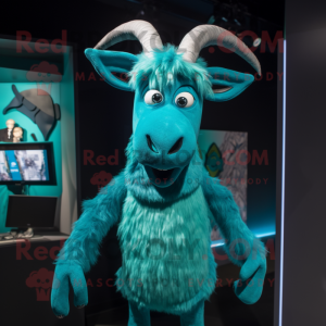 Turquoise Goat mascot costume character dressed with a Turtleneck and Hair clips