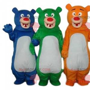 3 colorful bear mascots, 3 different colored teddy bears -