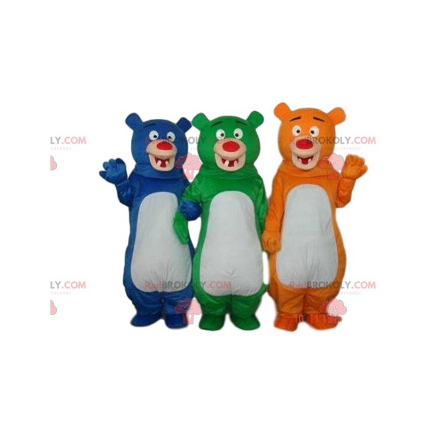 3 bunte Bärenmaskottchen, 3 verschiedenfarbige Teddybären -