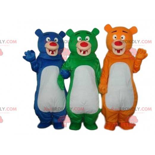 3 colorful bear mascots, 3 different colored teddy bears -