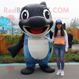 Rust Killer Whale mascot costume character dressed with a Mom Jeans and Headbands