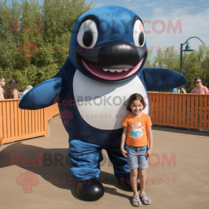 Rust Killer Whale mascot costume character dressed with a Mom Jeans and Headbands