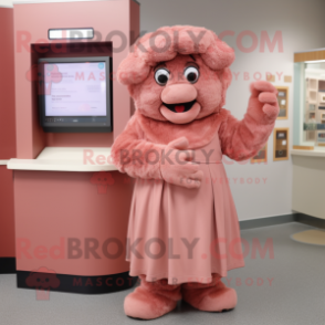 Rust Pink mascot costume character dressed with a Wrap Dress and Mittens