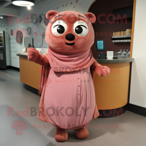 Rust Pink mascot costume character dressed with a Wrap Dress and Mittens