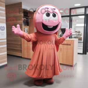 Rust Pink mascot costume character dressed with a Wrap Dress and Mittens