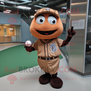 Brown Baseball Ball mascot costume character dressed with a Wrap Dress and Messenger bags
