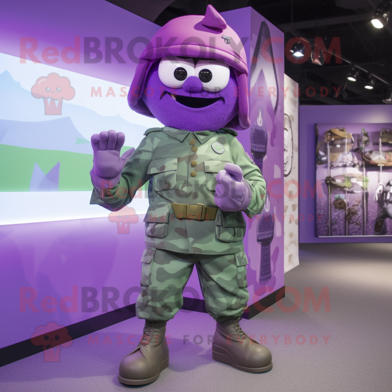 Purple Army Soldier mascot costume character dressed with a Joggers and Watches