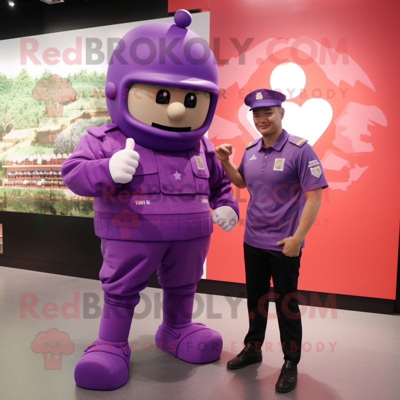 Purple Army Soldier mascot costume character dressed with a Joggers and Watches