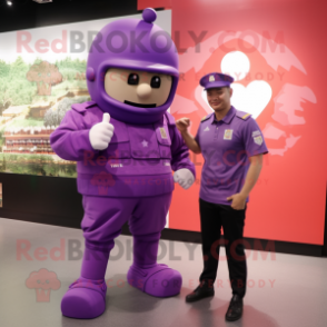 Purple Army Soldier mascot costume character dressed with a Joggers and Watches