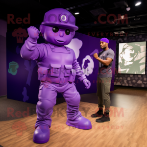 Purple Army Soldier mascot costume character dressed with a Joggers and Watches