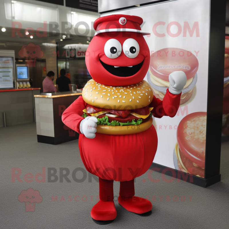 Red Hamburger mascot costume character dressed with a Dress and Bracelet watches Red Hamburger mascot costume character dressed with a Dress and Bracelet watches