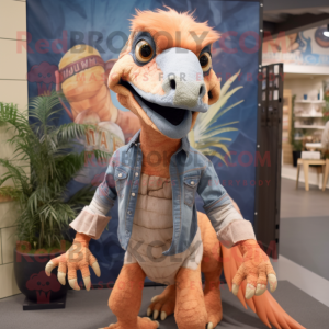 Peach Utahraptor mascot costume character dressed with a Chambray Shirt and Anklets