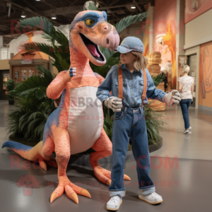 Peach Utahraptor mascot costume character dressed with a Chambray Shirt and Anklets