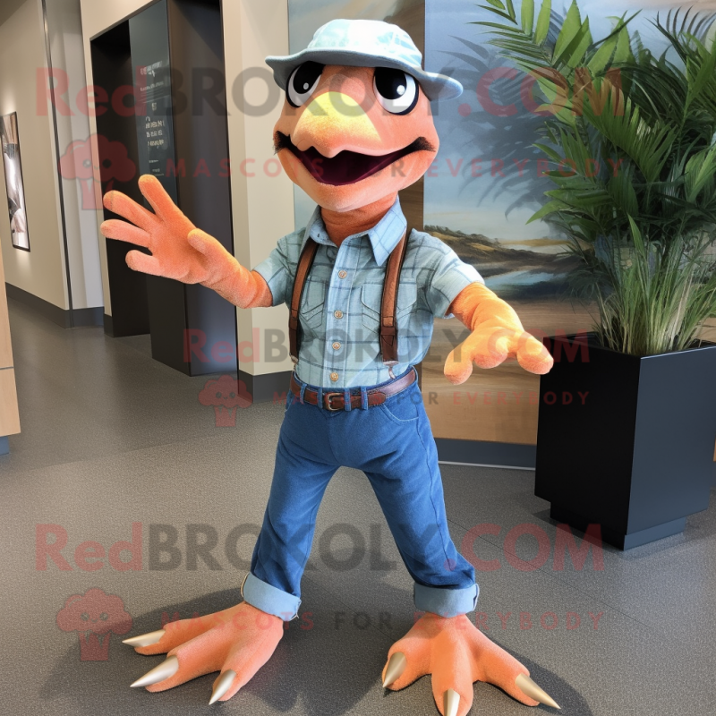 Peach Utahraptor mascot costume character dressed with a Chambray Shirt and Anklets