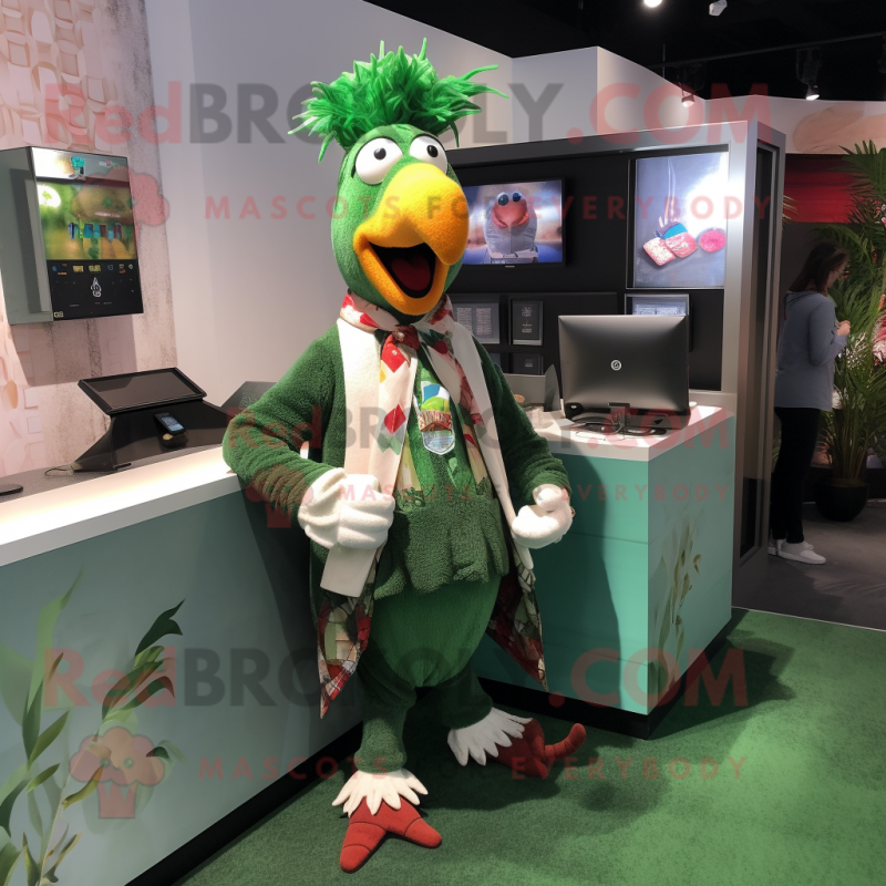 Green Rooster mascot costume character dressed with a Cardigan and Keychains Green Rooster mascot costume character dressed with a Cardigan and Keychains