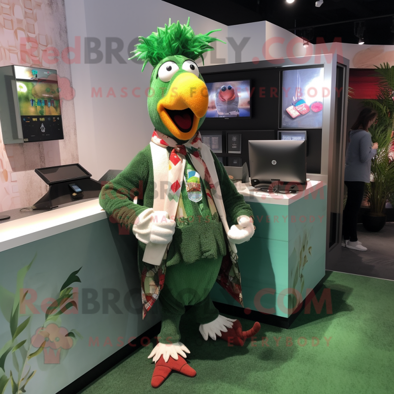 Green Rooster mascot costume character dressed with a Cardigan and Keychains