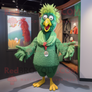 Green Rooster mascot costume character dressed with a Cardigan and Keychains