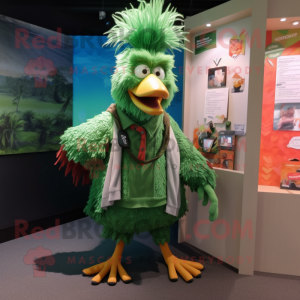 Green Rooster mascot costume character dressed with a Cardigan and Keychains