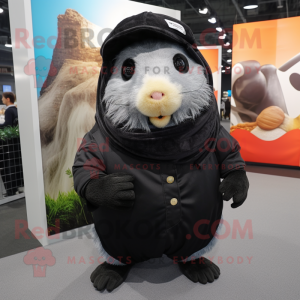 Black Guinea Pig mascot costume character dressed with a Overalls and Scarves