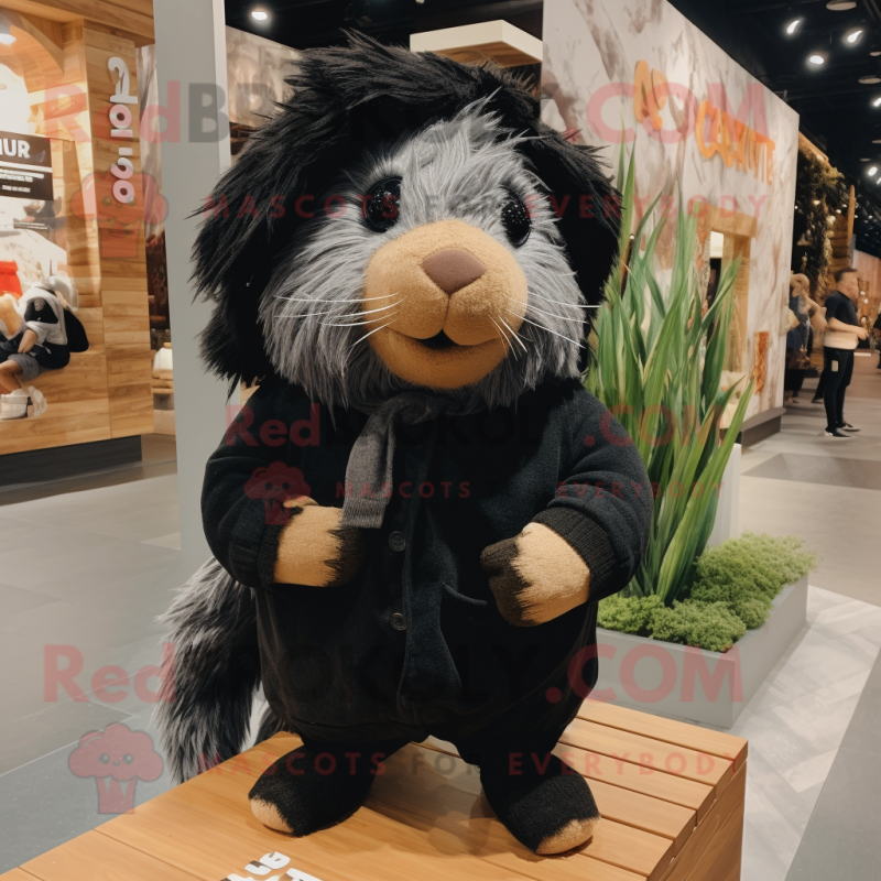 Black Guinea Pig mascot costume character dressed with a Overalls and Scarves Black Guinea Pig mascot costume character dressed with a Overalls and Scarves