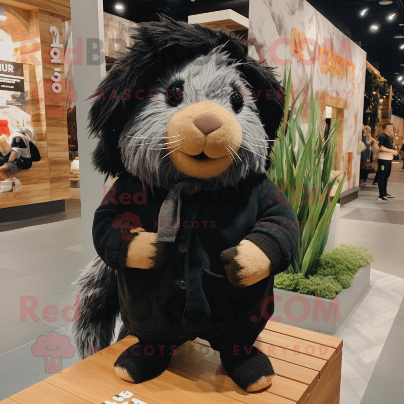 Black Guinea Pig mascot costume character dressed with a Overalls and Scarves