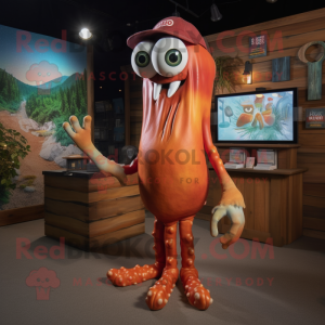 Rust Squid mascot costume character dressed with a Henley Tee and Necklaces