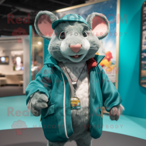 Teal Rat mascot costume character dressed with a Coat and Wraps